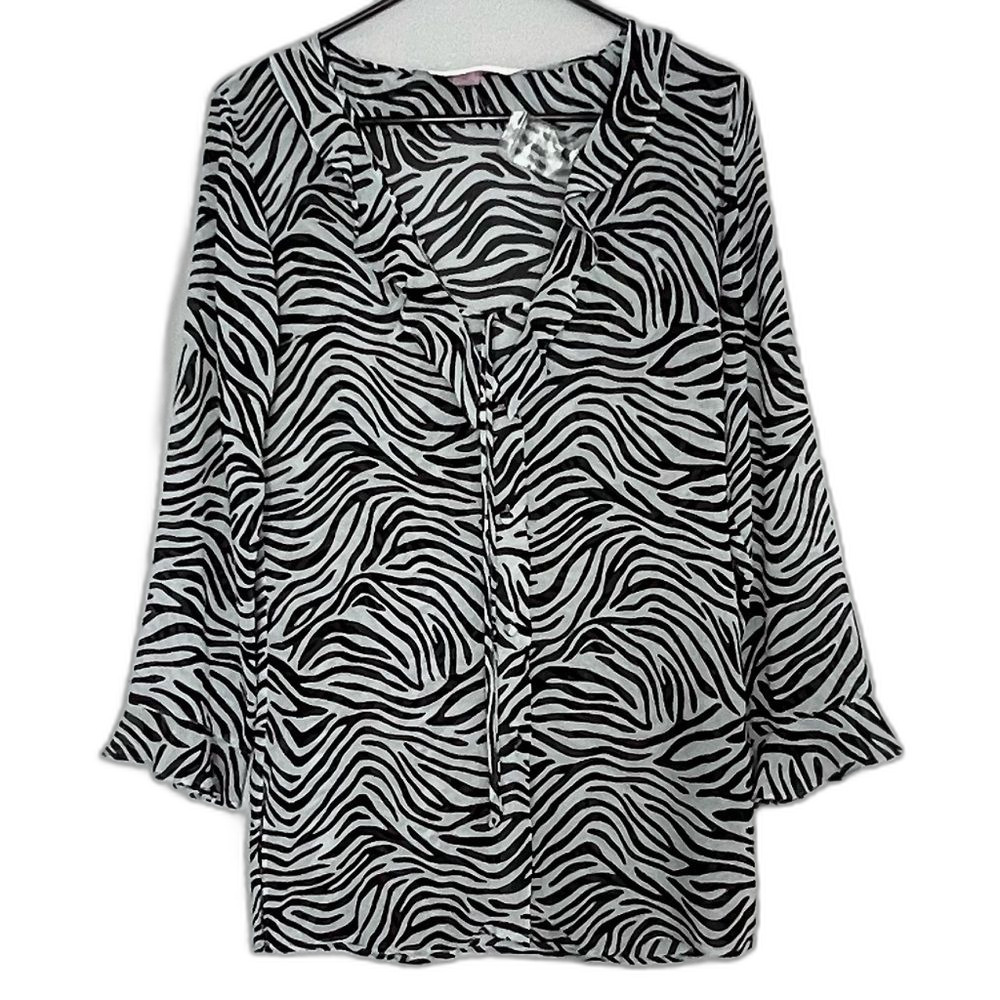 Victoria's Secret Sheer Animal Print Ruffle Quarter Length Bell Sleeve Blouse